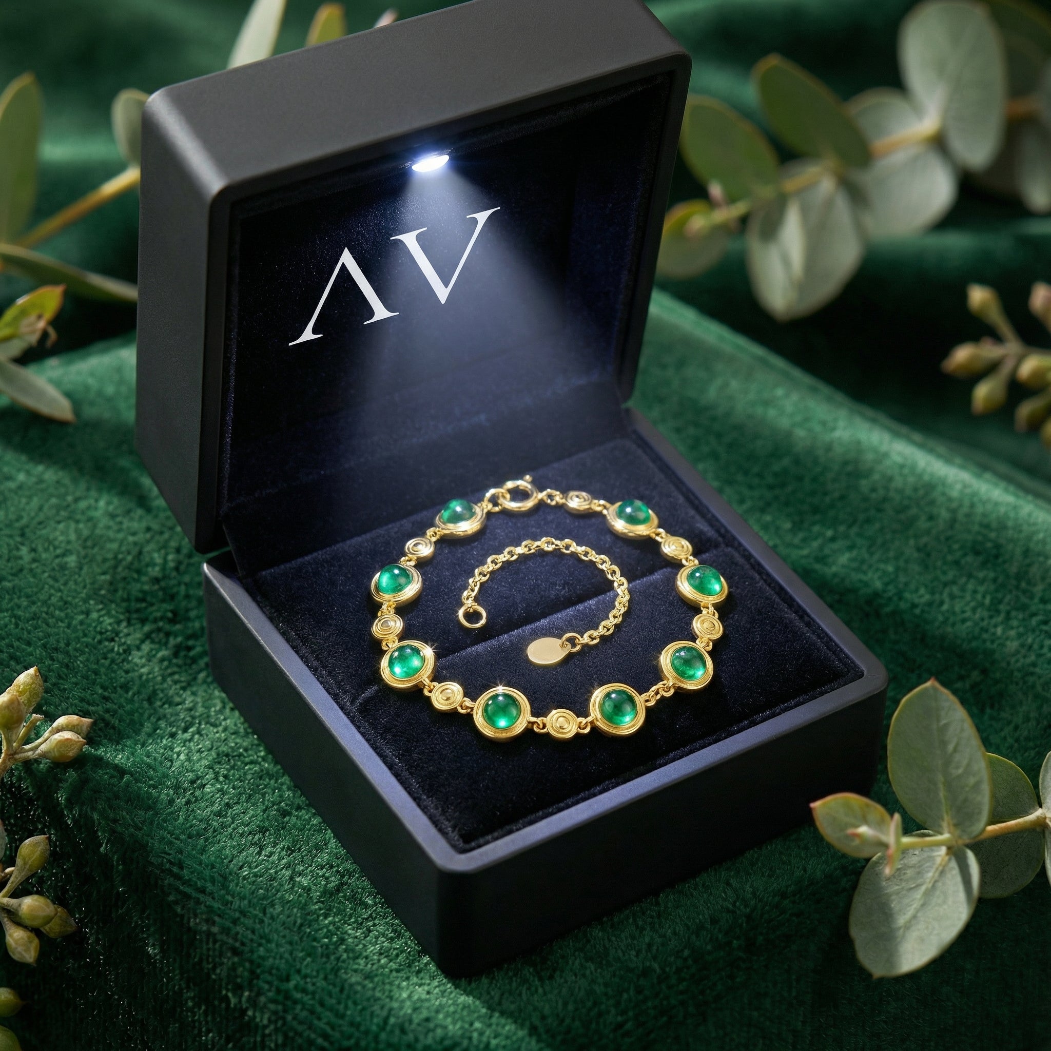 Elianara gold vermeil and simulated emerald bracelet inside a premium black LED-lit jewelry presentation box.