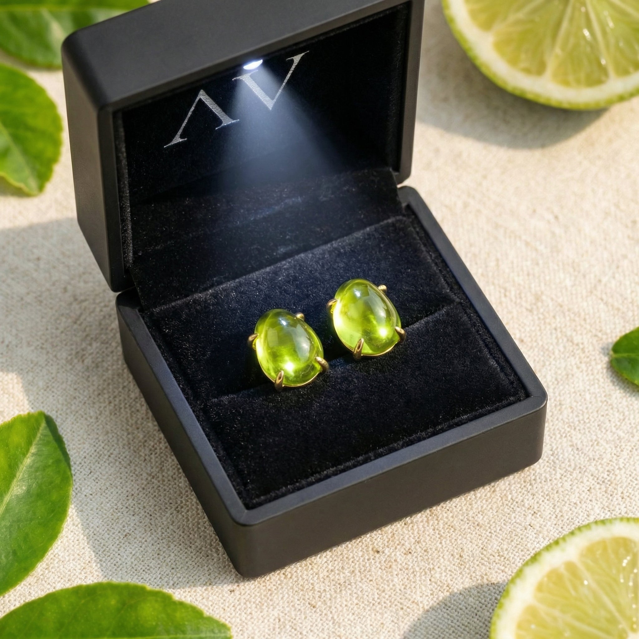 Verdelle August birthstone simulated peridot cabochon earrings in 18K gold vermeil in a lighted black jewelry box.