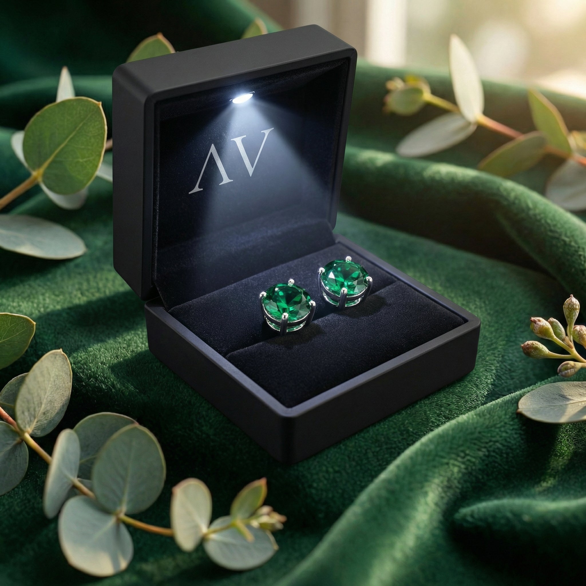 Round cut simulated emerald stud earrings in a black LED-lit jewelry box on green velvet.