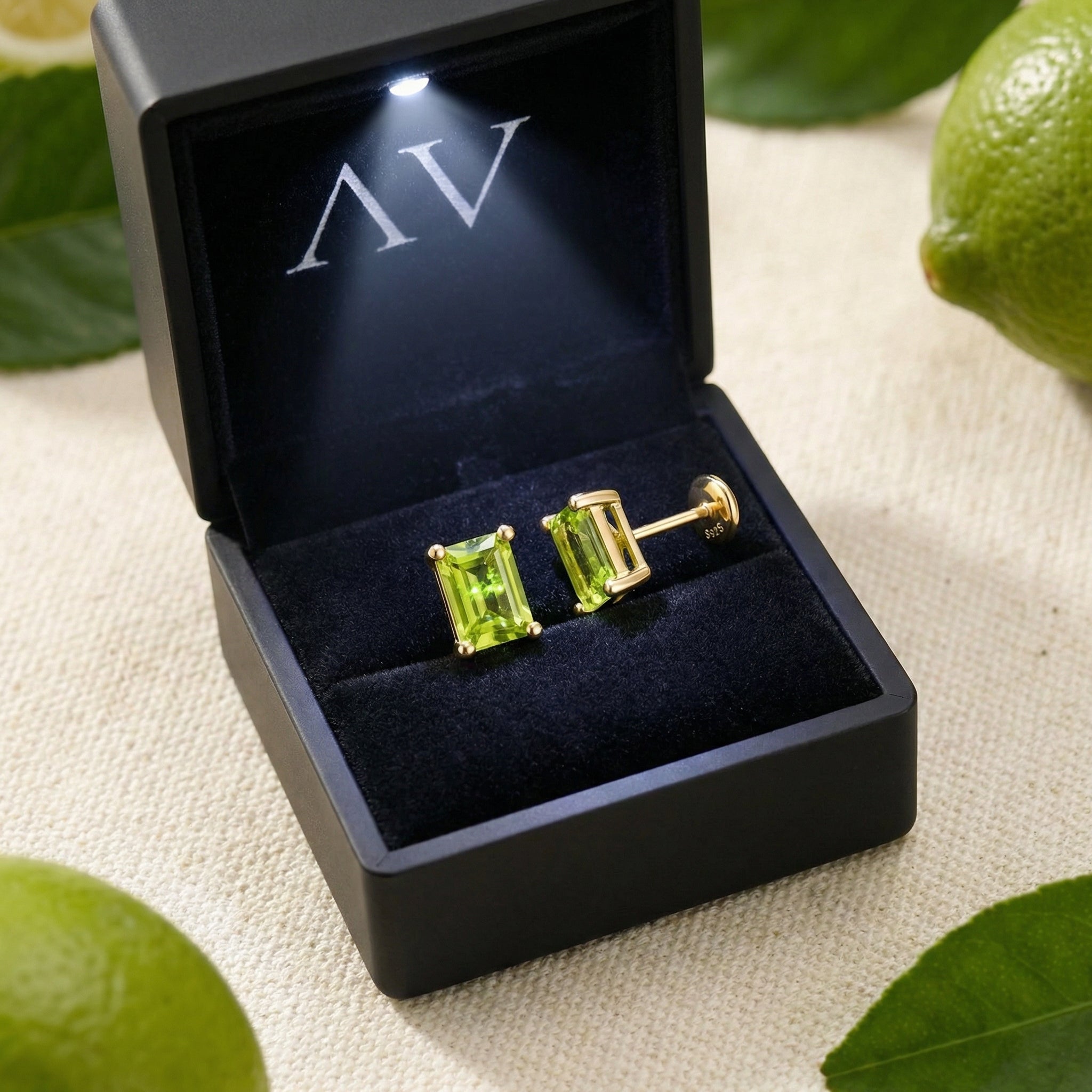 Emerald cut simulated peridot earrings in 18K gold vermeil inside a lighted black jewelry box.