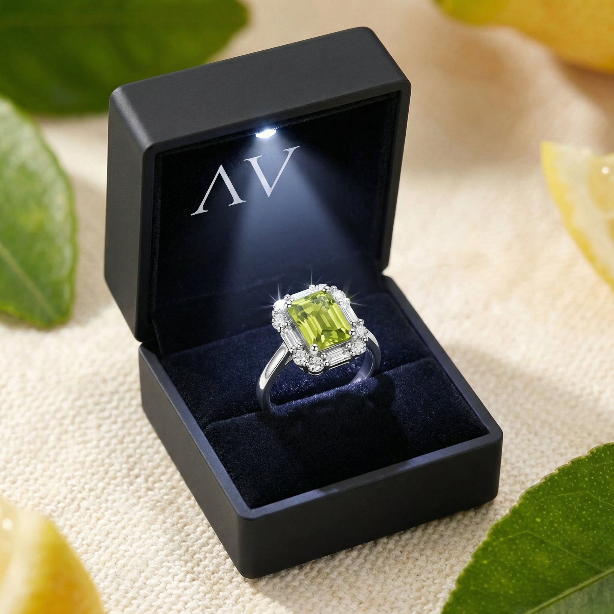 Octagon cut yellow-green simulated peridot sterling silver ring presented in a lighted black jewelry gift box.