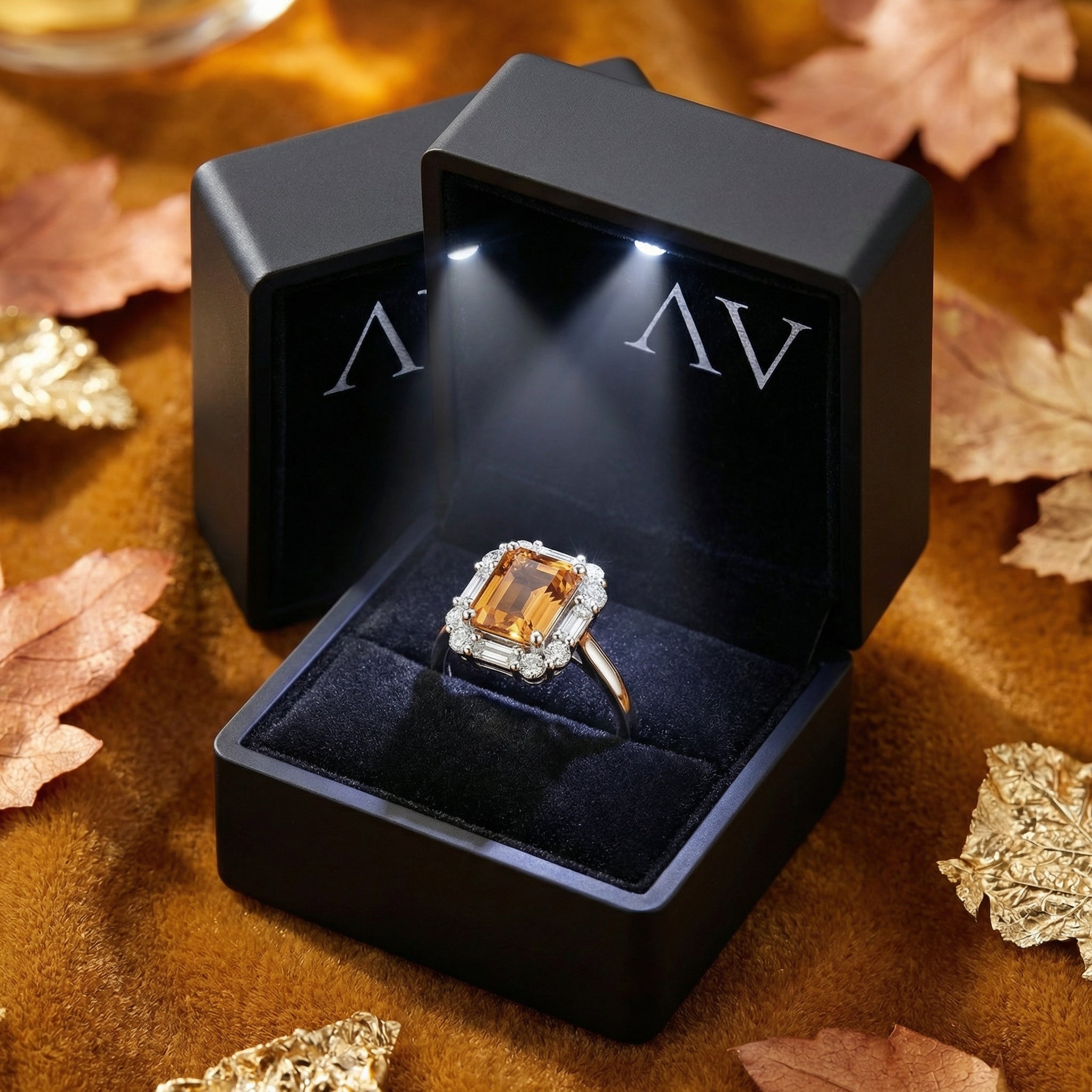 The Lysandra octagon sterling silver ring inside a black LED-lit gift box surrounded by autumn leaves.