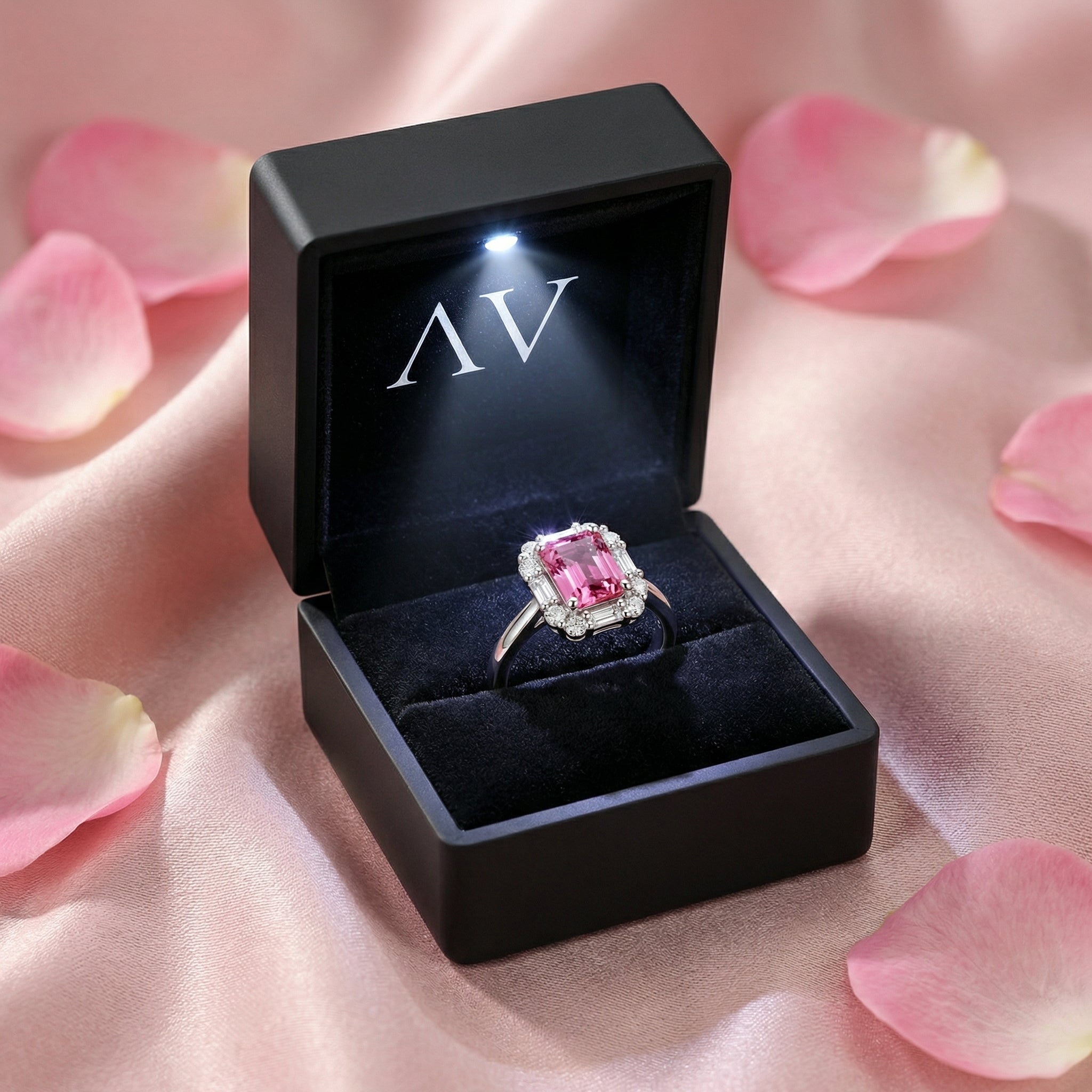 Octagon pink tourmaline sterling silver ring presented in a black lighted jewelry gift box.