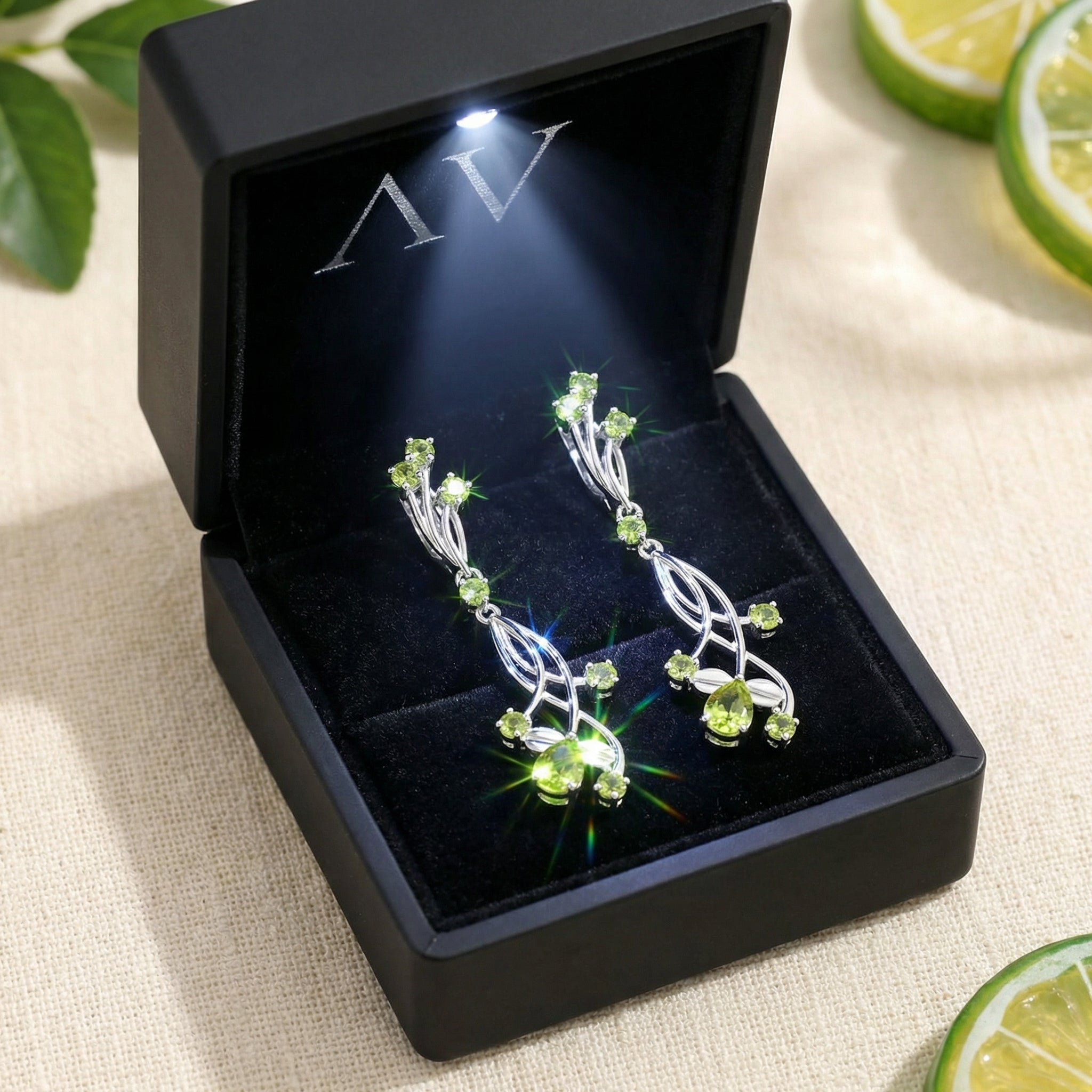 Sterling silver peridot vine earrings presented in a black jewelry box with an integrated LED light.