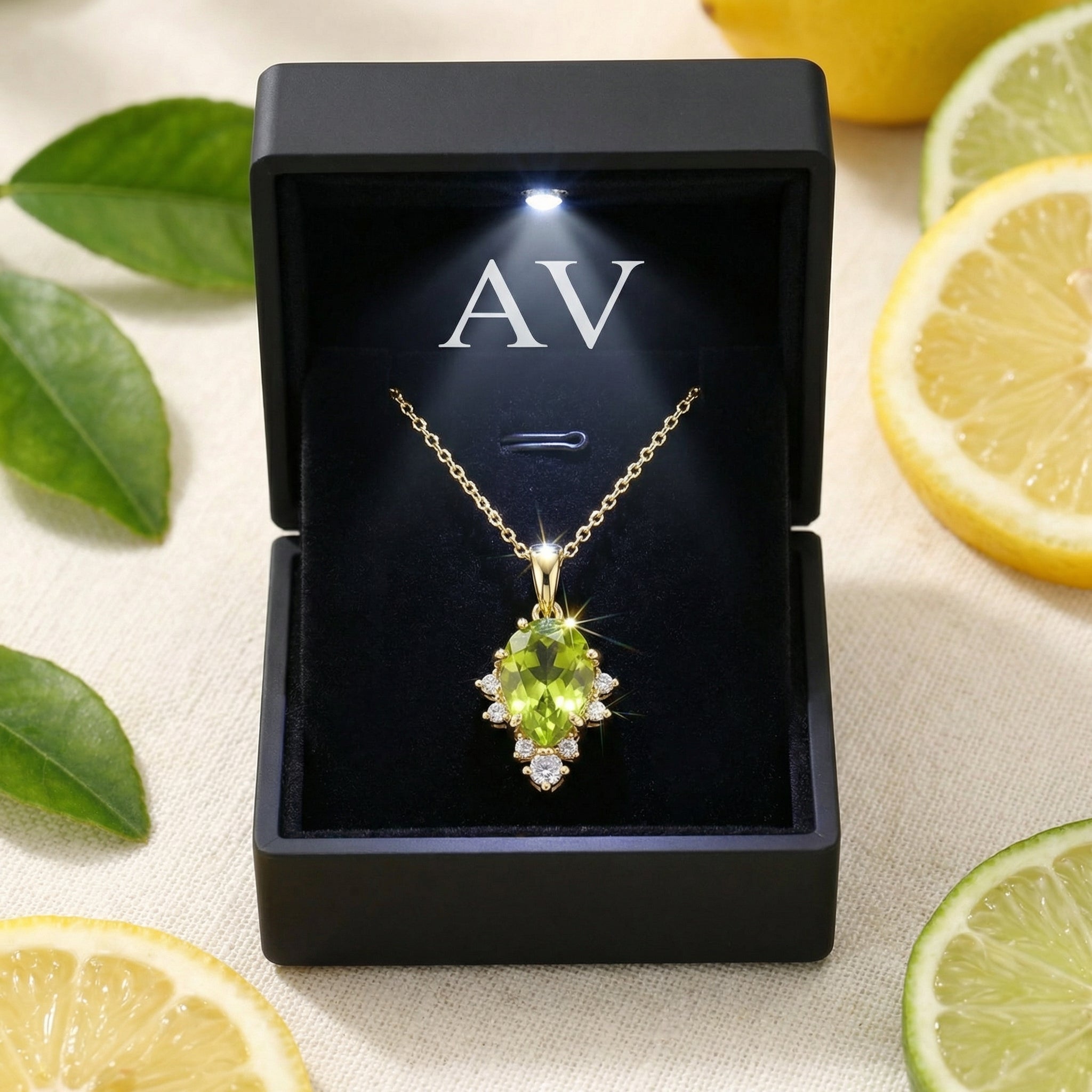 Teardrop simulated peridot gold vermeil necklace in a lighted black AV jewelry box with citrus fruit accents.
