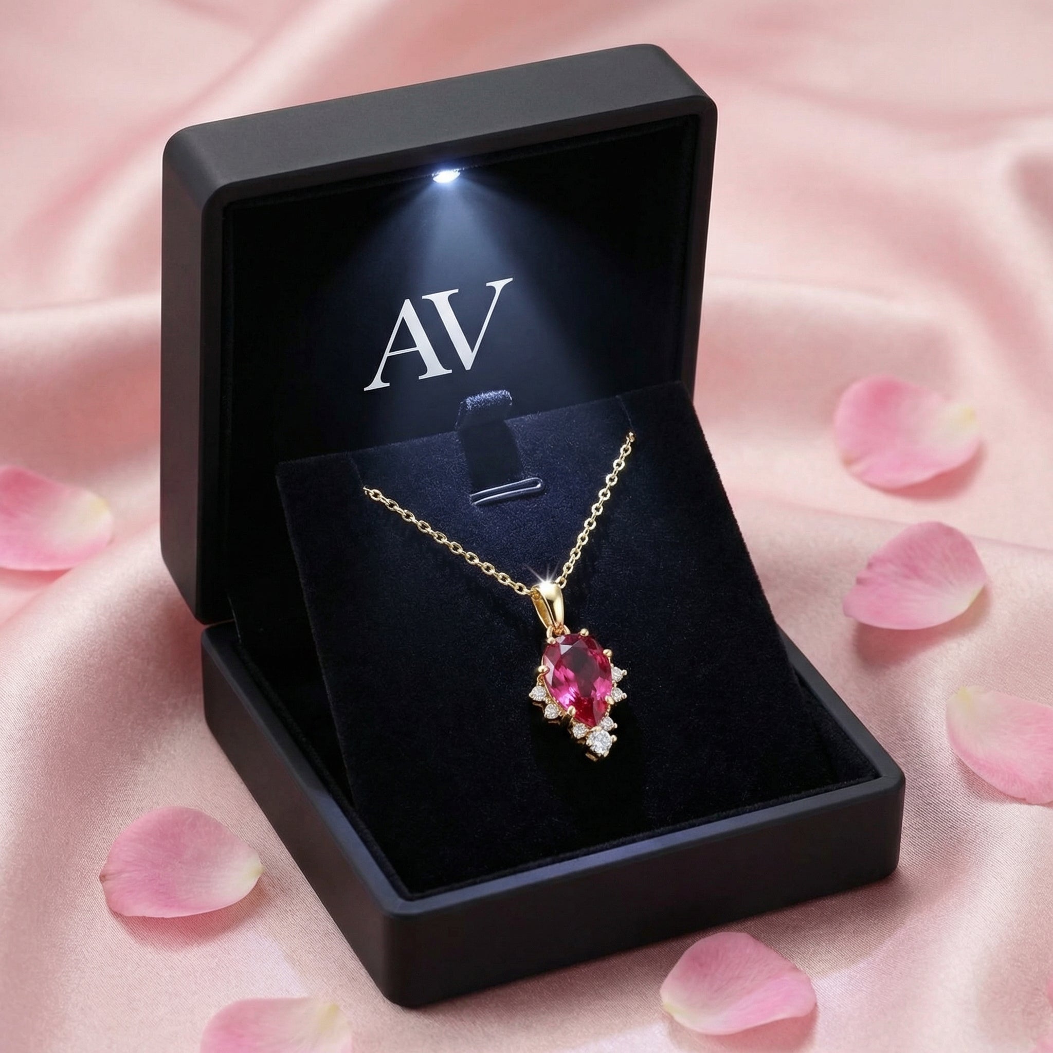 Pear-cut simulated pink tourmaline gold necklace in a lighted black AV jewelry gift box on pink silk.