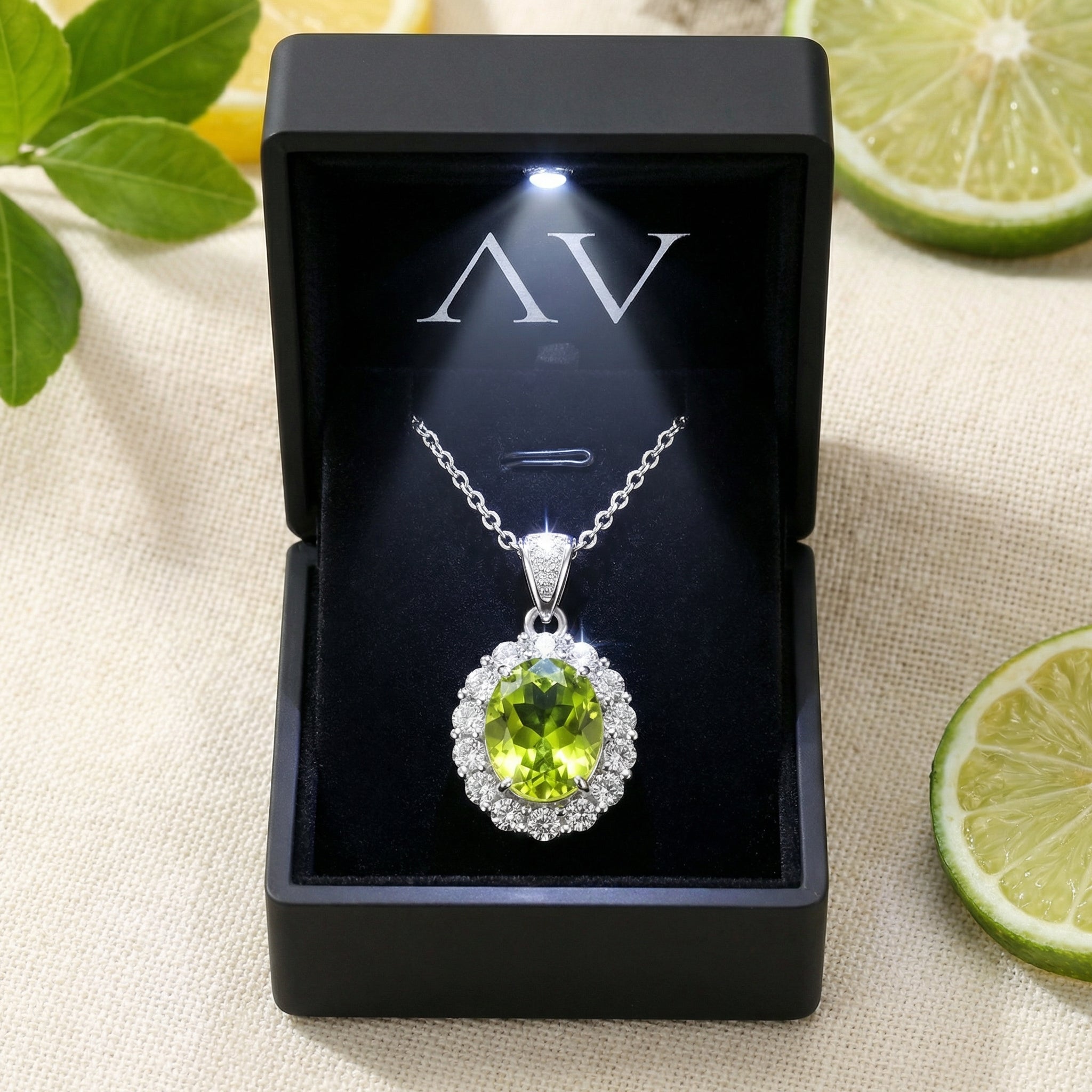 The Mirara oval peridot halo pendant in sterling silver presented in a black luxury gift box with an LED light.