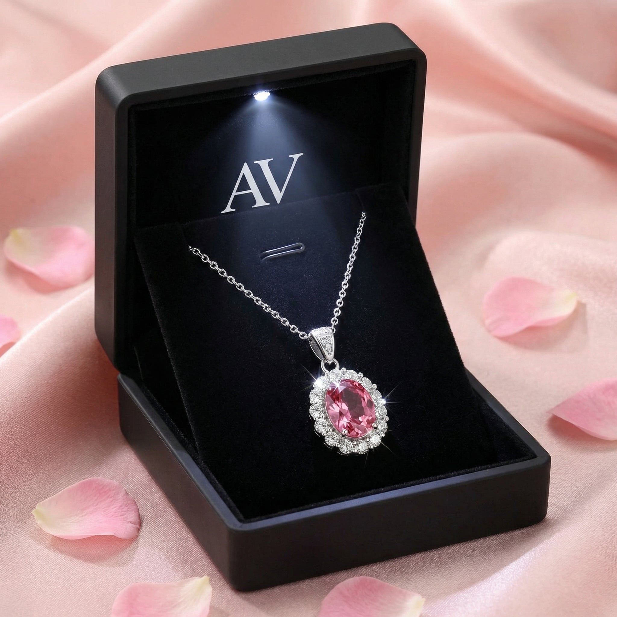 Pink tourmaline halo pendant presented in a black LED-lighted jewelry box on pink silk.