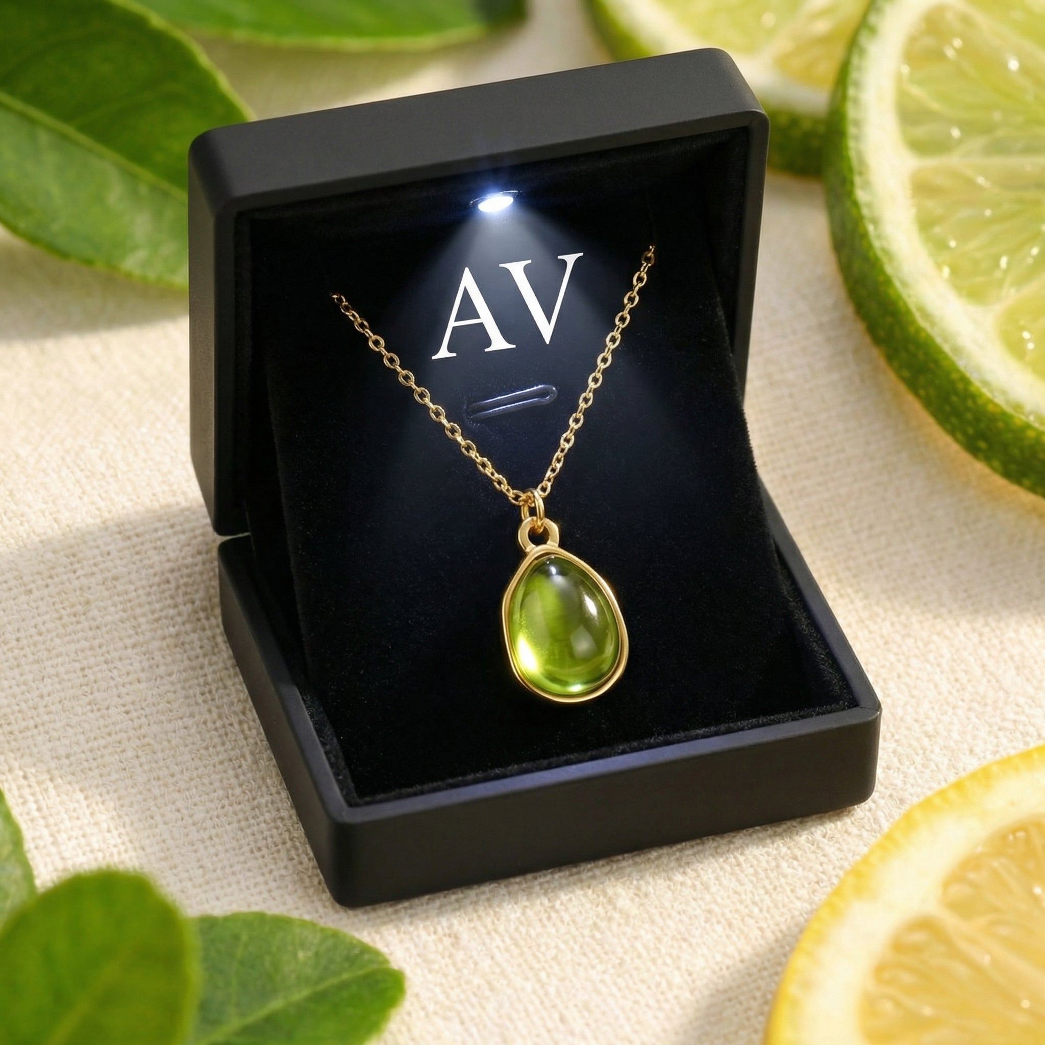 Gold-finished stainless steel teardrop peridot necklace in a lighted black gift box with lime lifestyle accents.