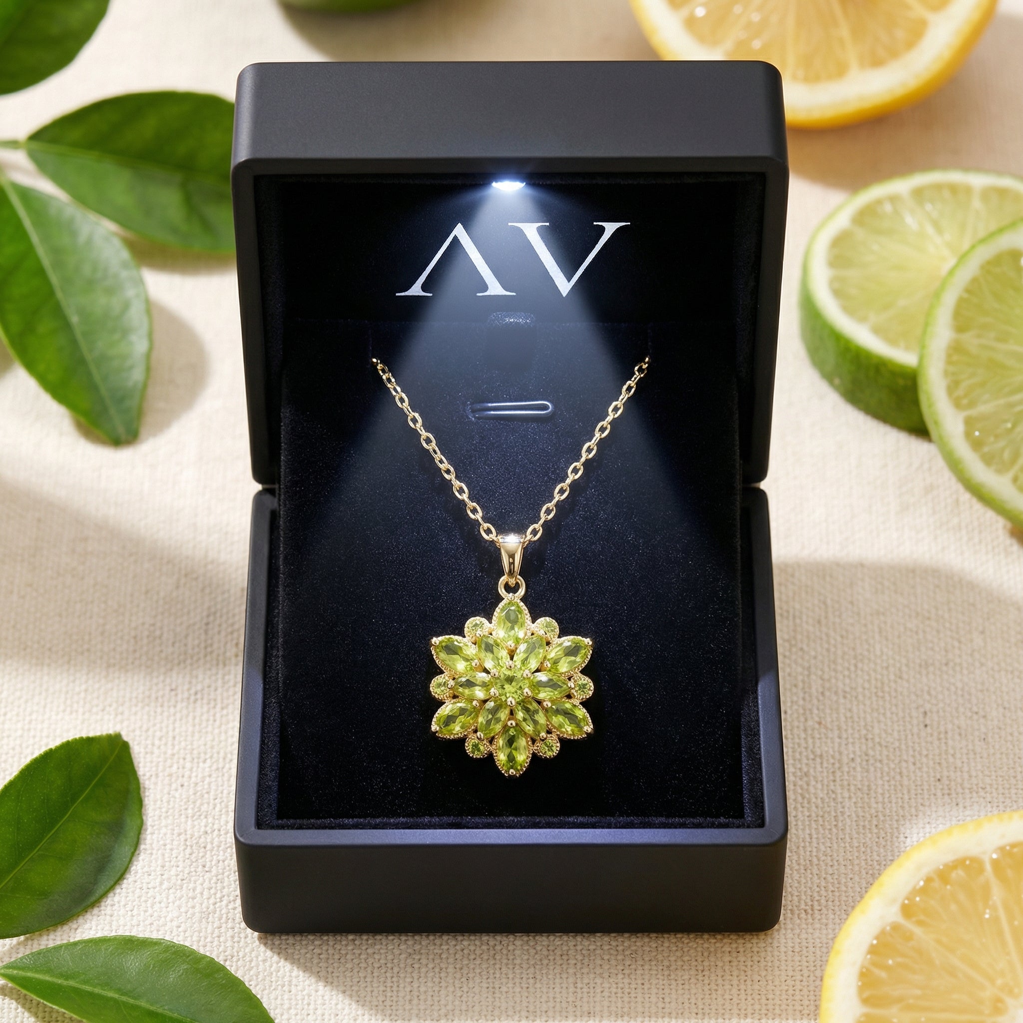 Gold stainless steel simulated peridot floral necklace presented in a black LED-lit jewelry gift box.