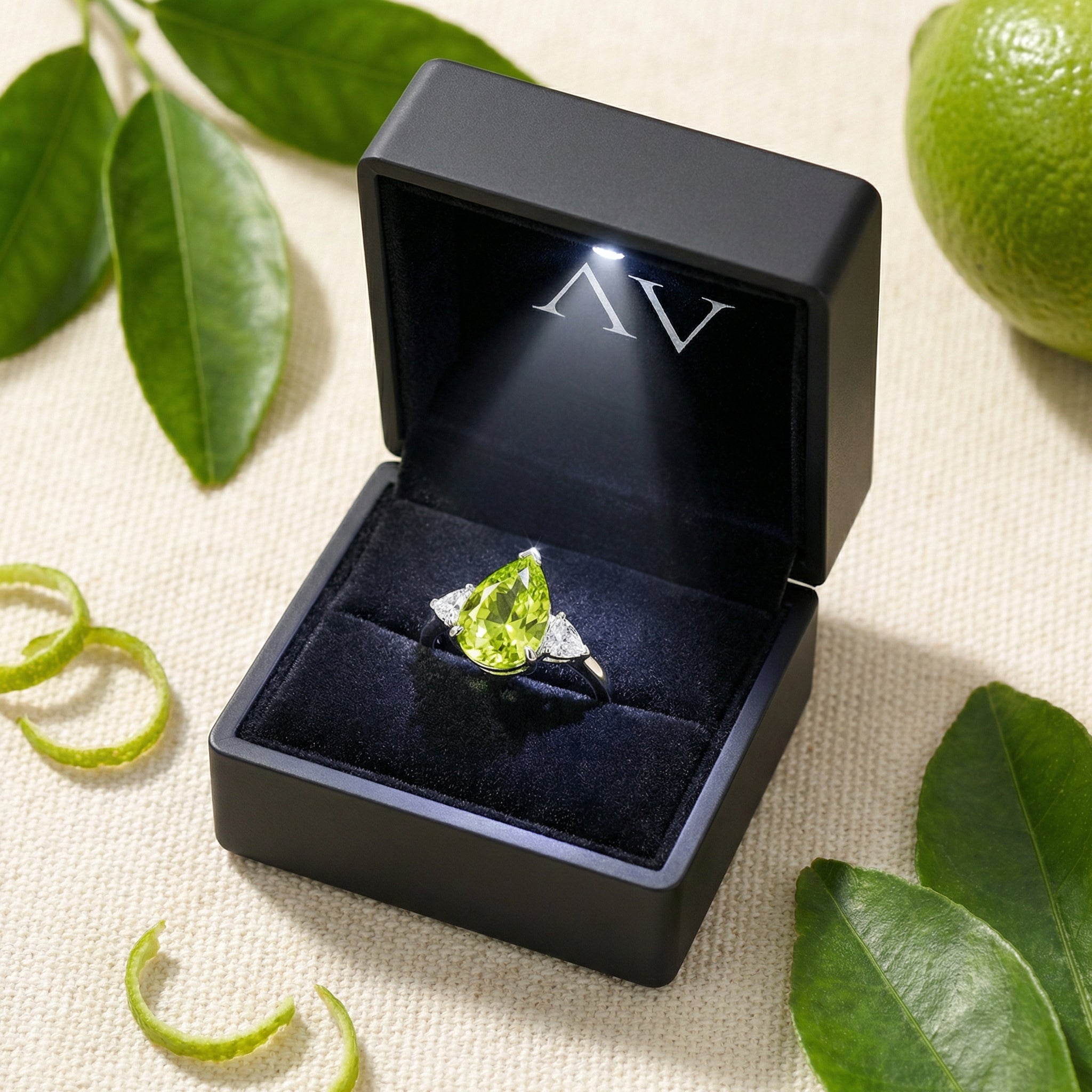 Pear-cut simulated peridot sterling silver ring inside a black LED-lit jewelry box with lime accents.
