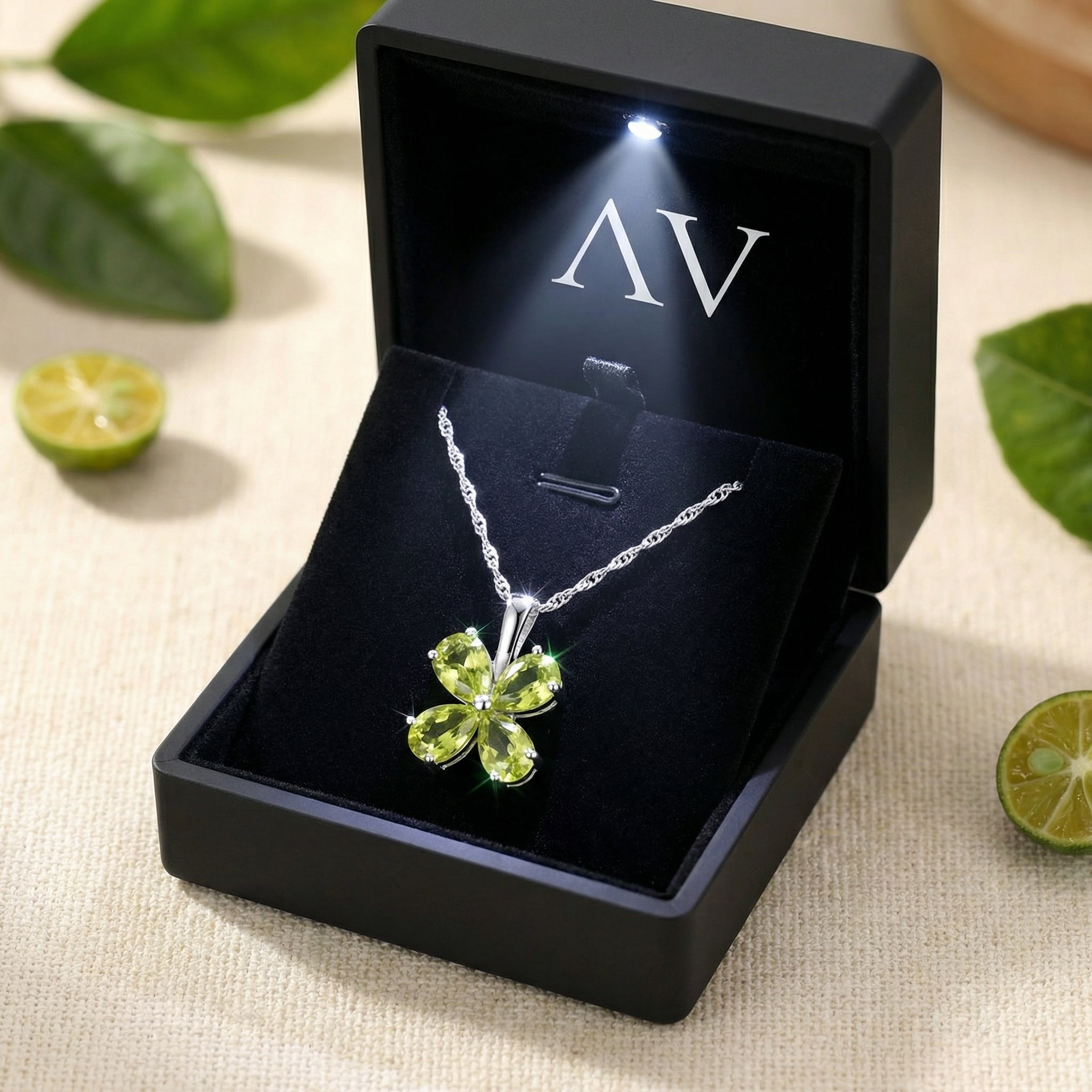 The Peridelle Flower necklace in a black LED-lit jewelry box, featuring green pear-cut simulated peridot.