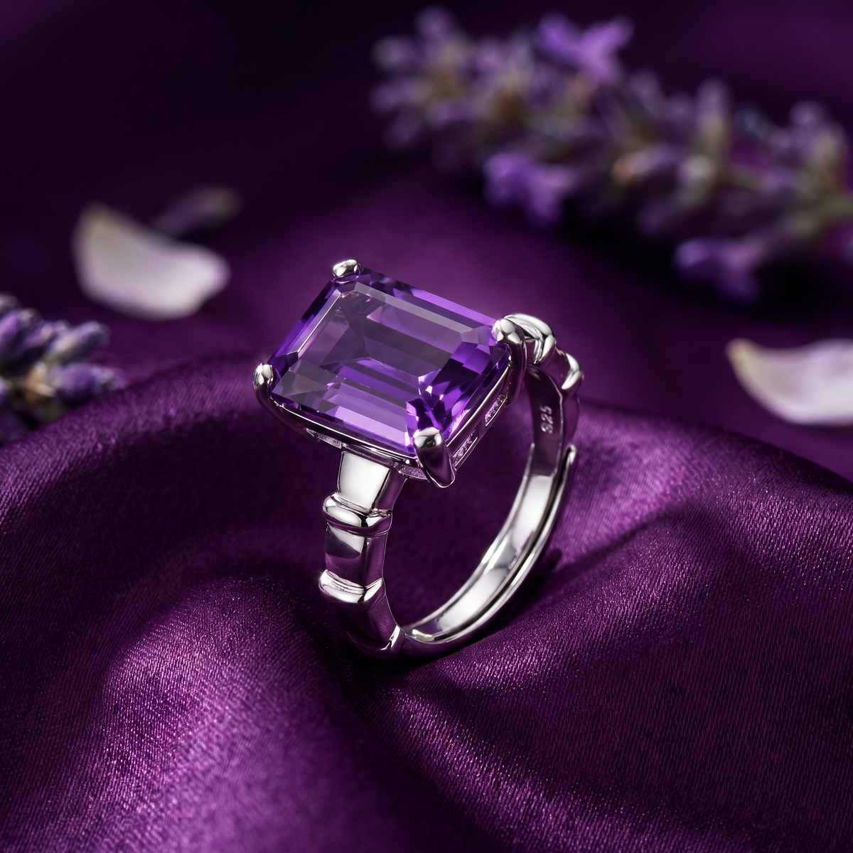 Emerald-cut violet amethyst ring in a polished white-metal setting on purple silk with lavender sprigs.