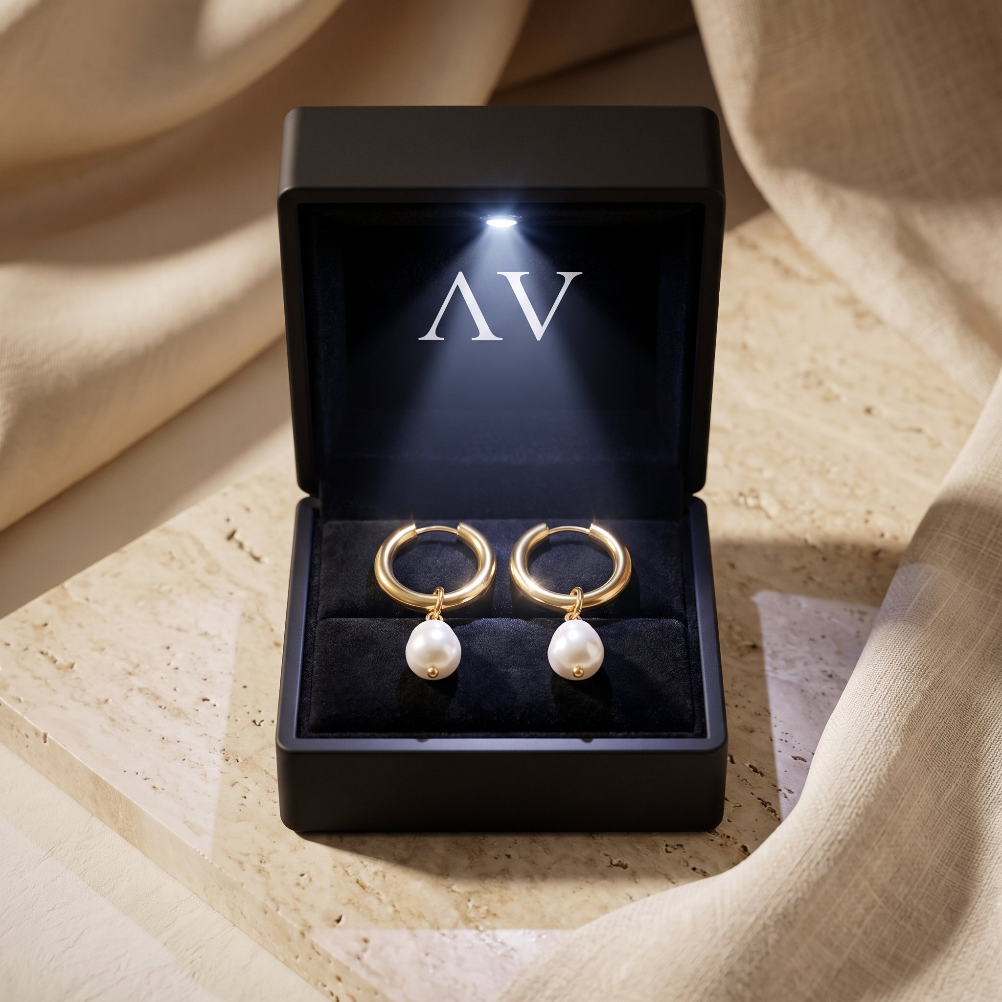 Gold pearl hoop earrings in an illuminated gift box.