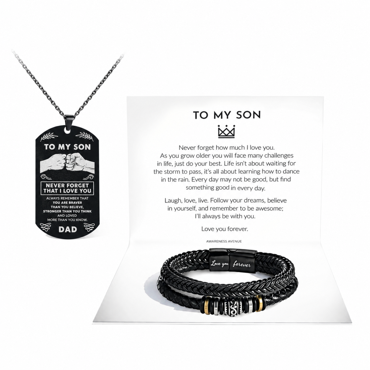 From Dad — To My Son necklace with silver-white lettering, bracelet and message card
