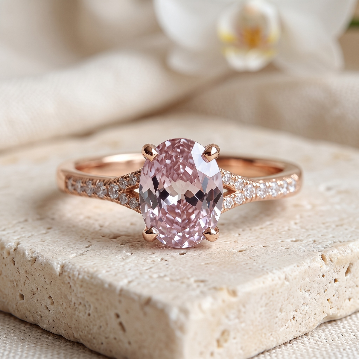 The Belina oval pink moissanite ring in rose gold, front isolated view.