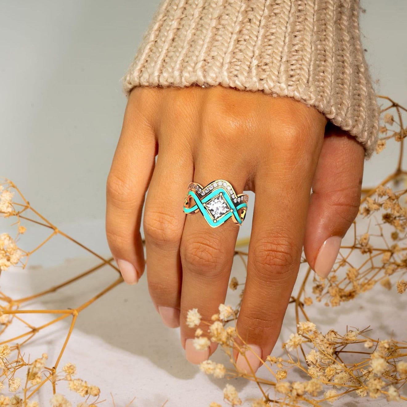 Ocean Wave: Türkisfarbener 18 Karat Gold Vermeil 2-teiliger Ring