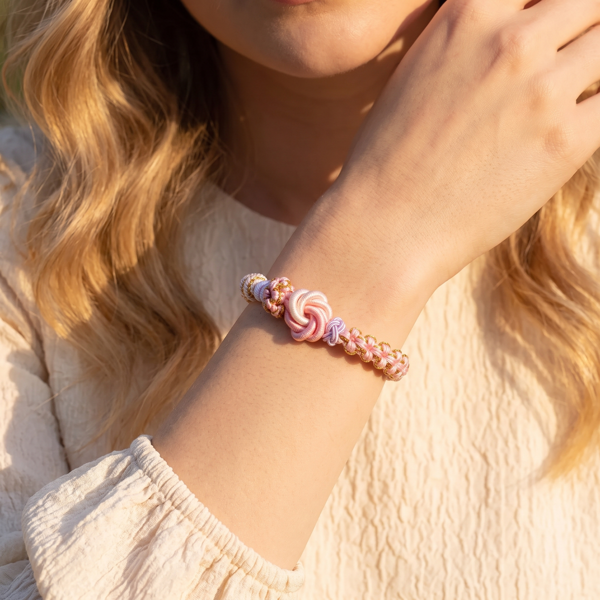 Pink and lavender knotted cord bracelet worn on a wrist