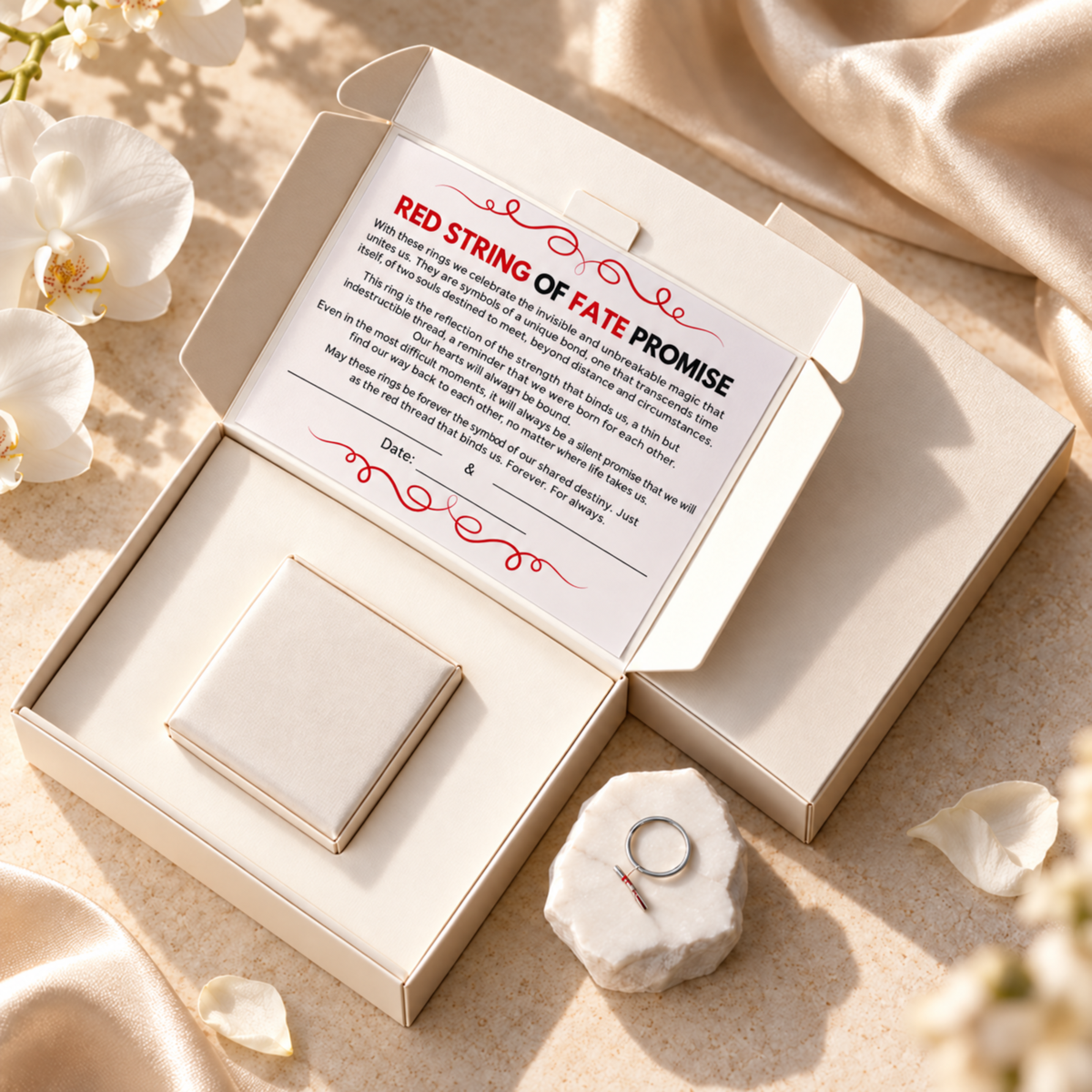 Red Thread of Fate silver ring beside its gift box and promise card.