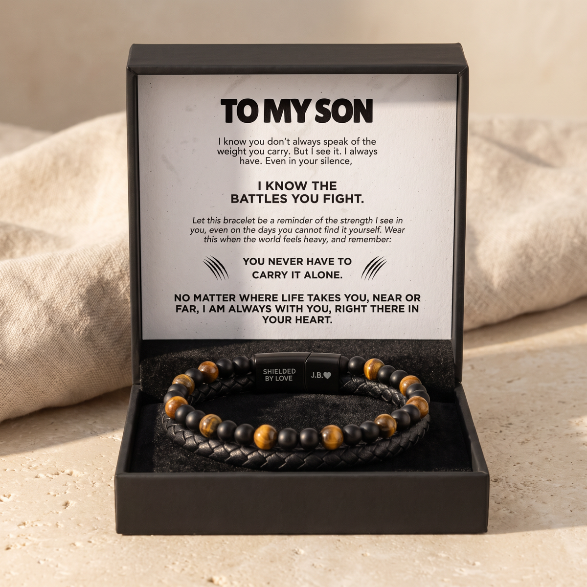 Personalized tiger eye son bracelet with the included To My Son message card