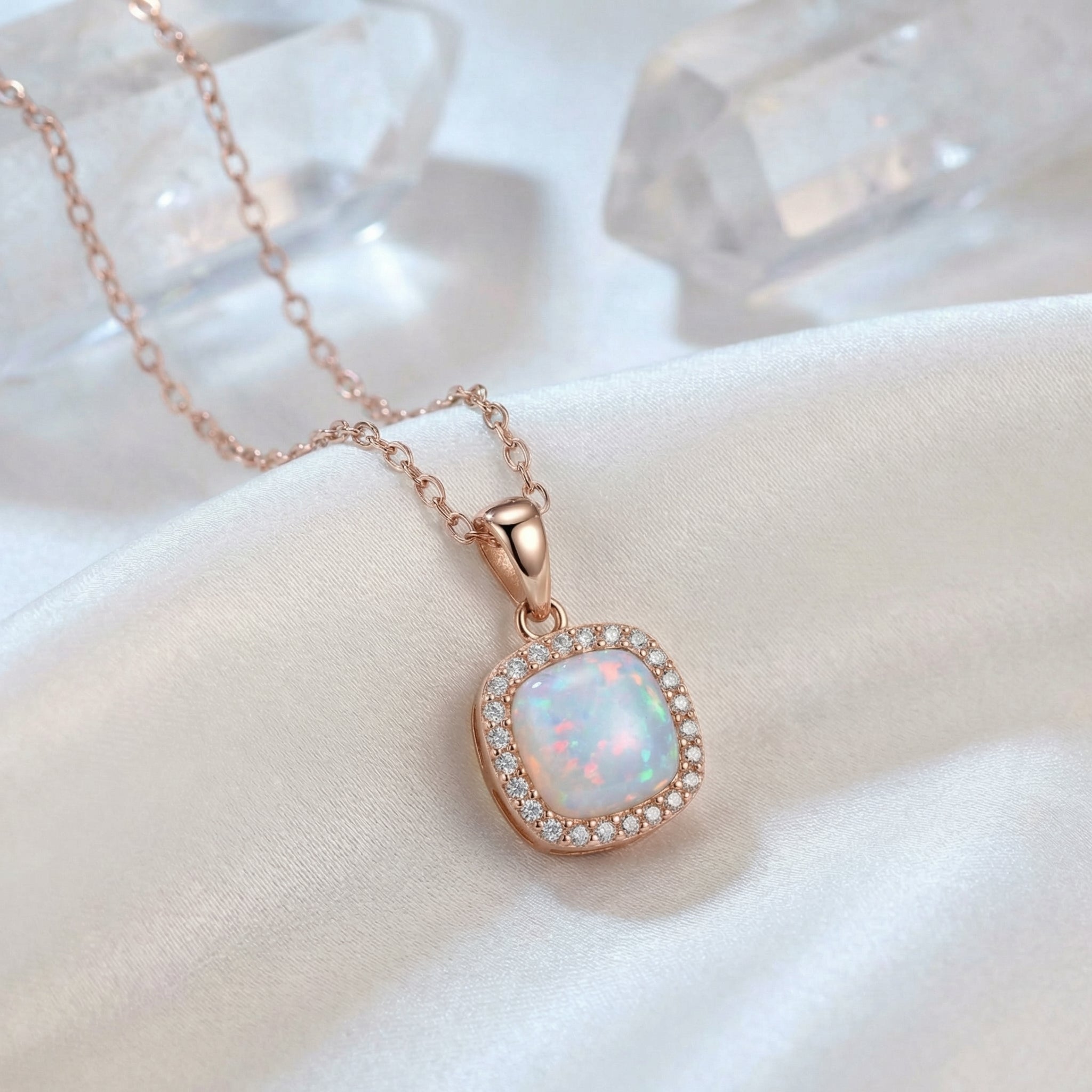 Rose gold cushion opal pendant necklace.