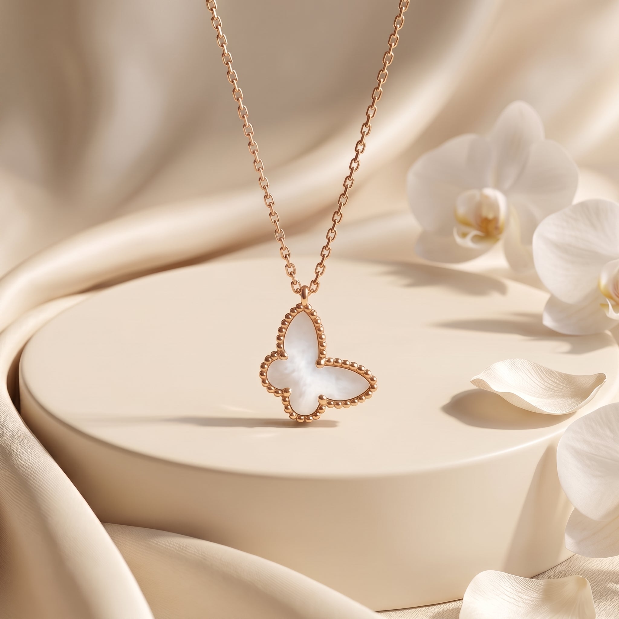 Farfalla Mother of Pearl butterfly necklace in solid rose gold.