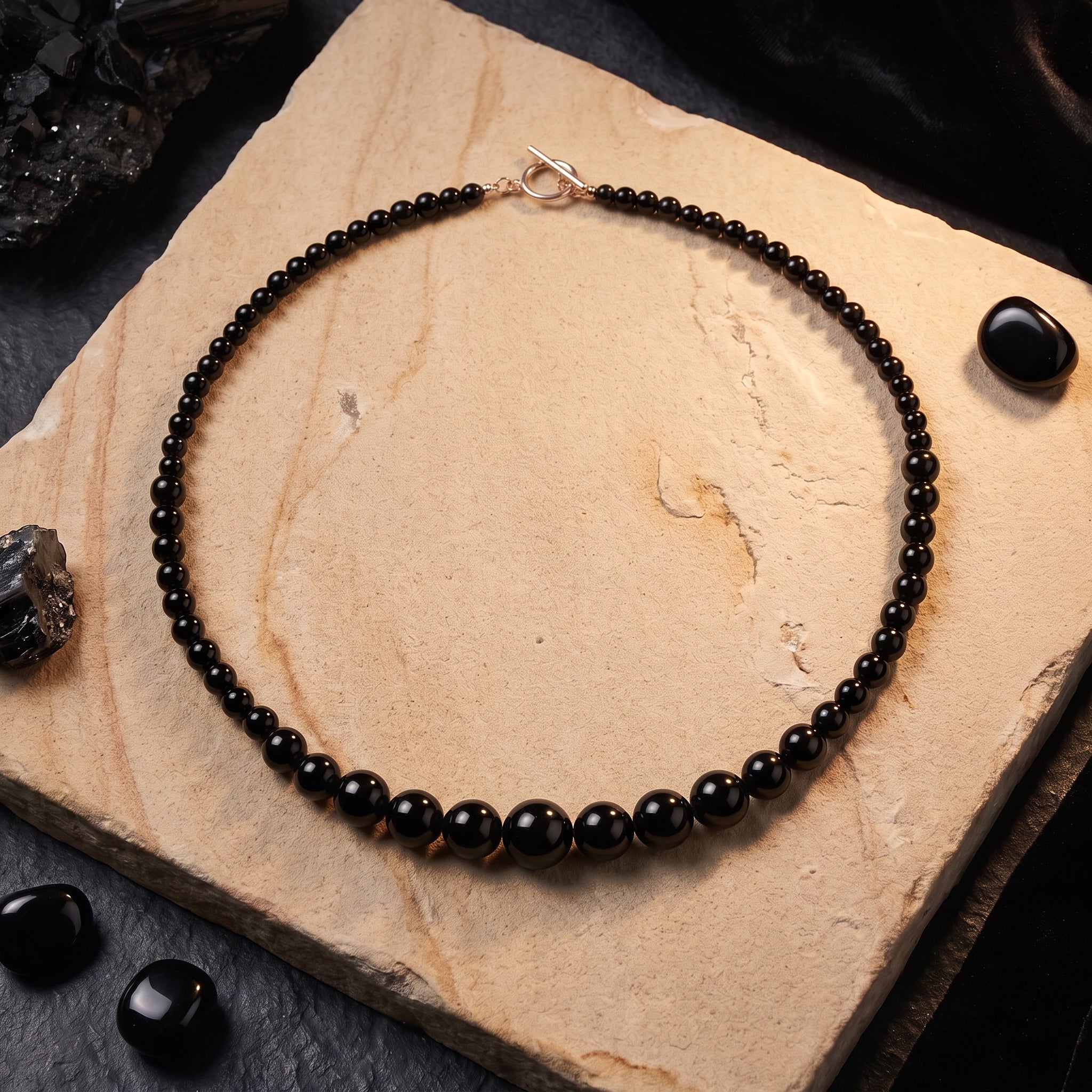 The Penumbra graduated natural black onyx necklace in rose gold.