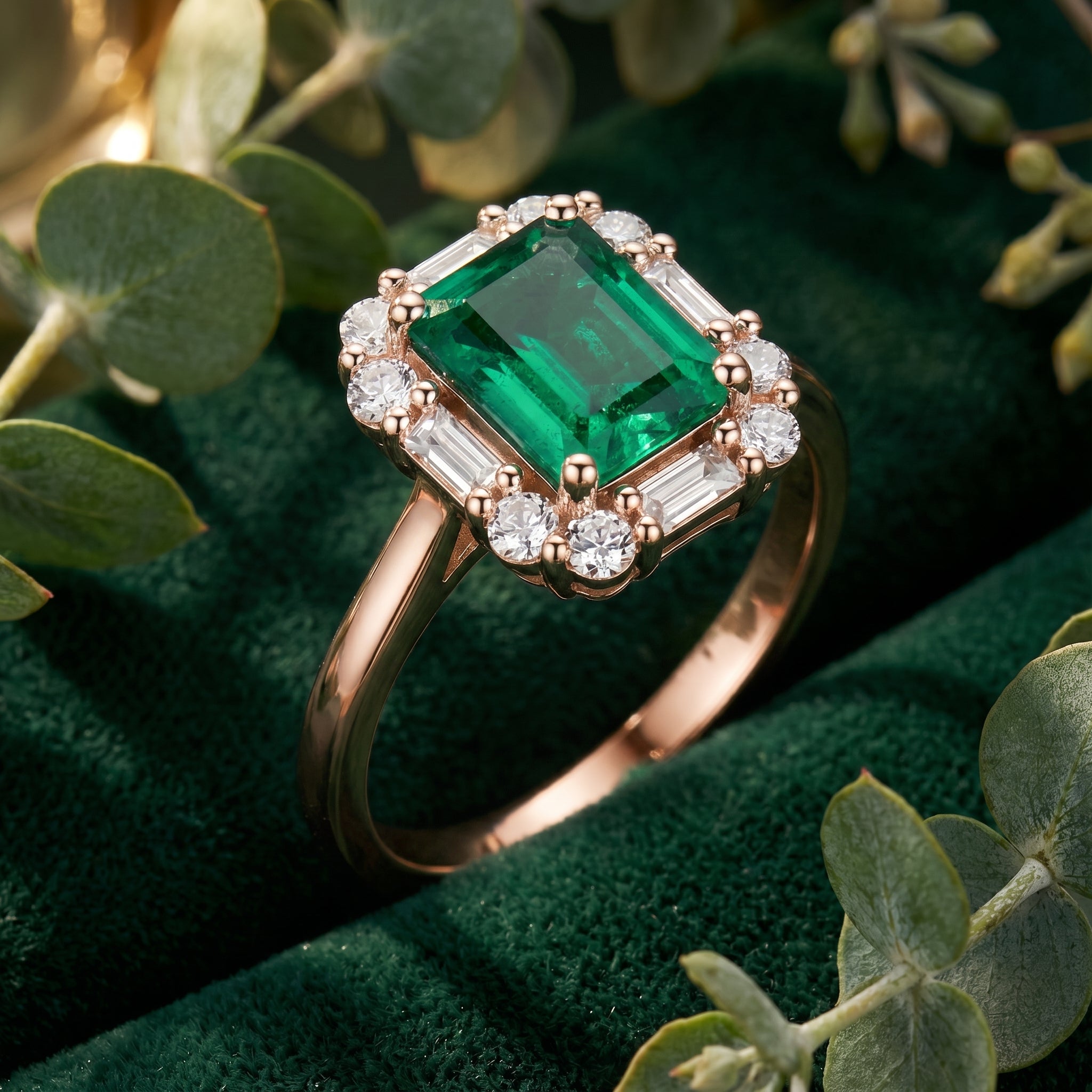 Octagon simulated emerald ring in solid rose gold.
