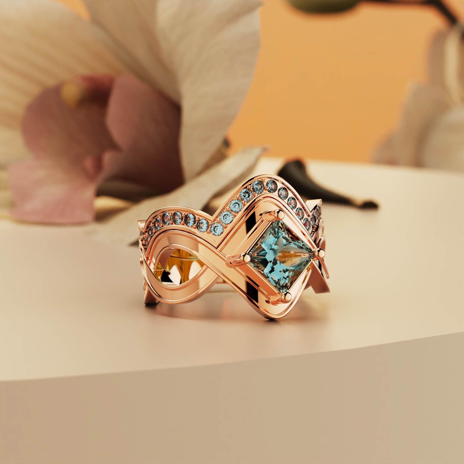 Aqua Elegance: Princess Cut 2 Piece Ring - 18K Rose Gold Vermeil