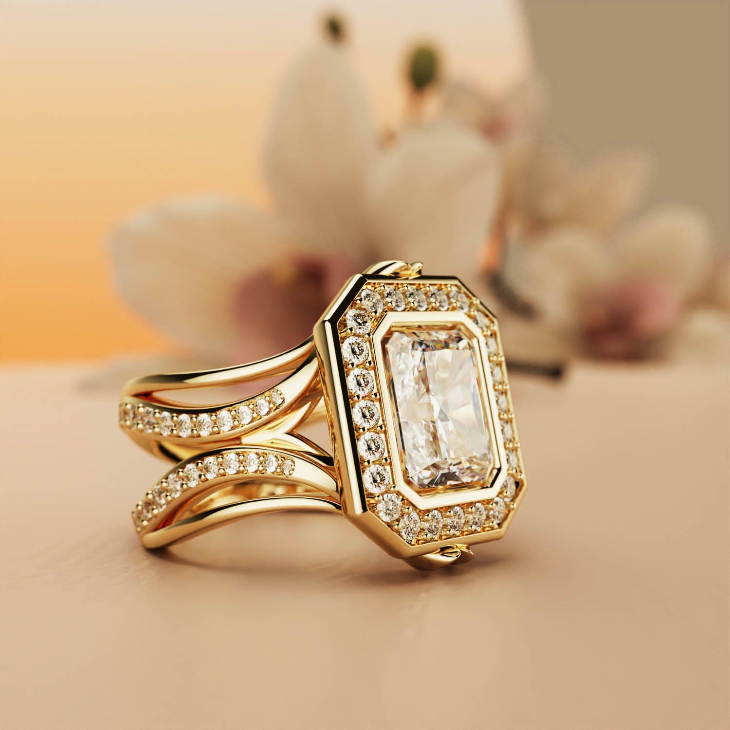 Elysian Glow: Smaragdgeslepen Diamanten Ring - 18K Goud Vermeil