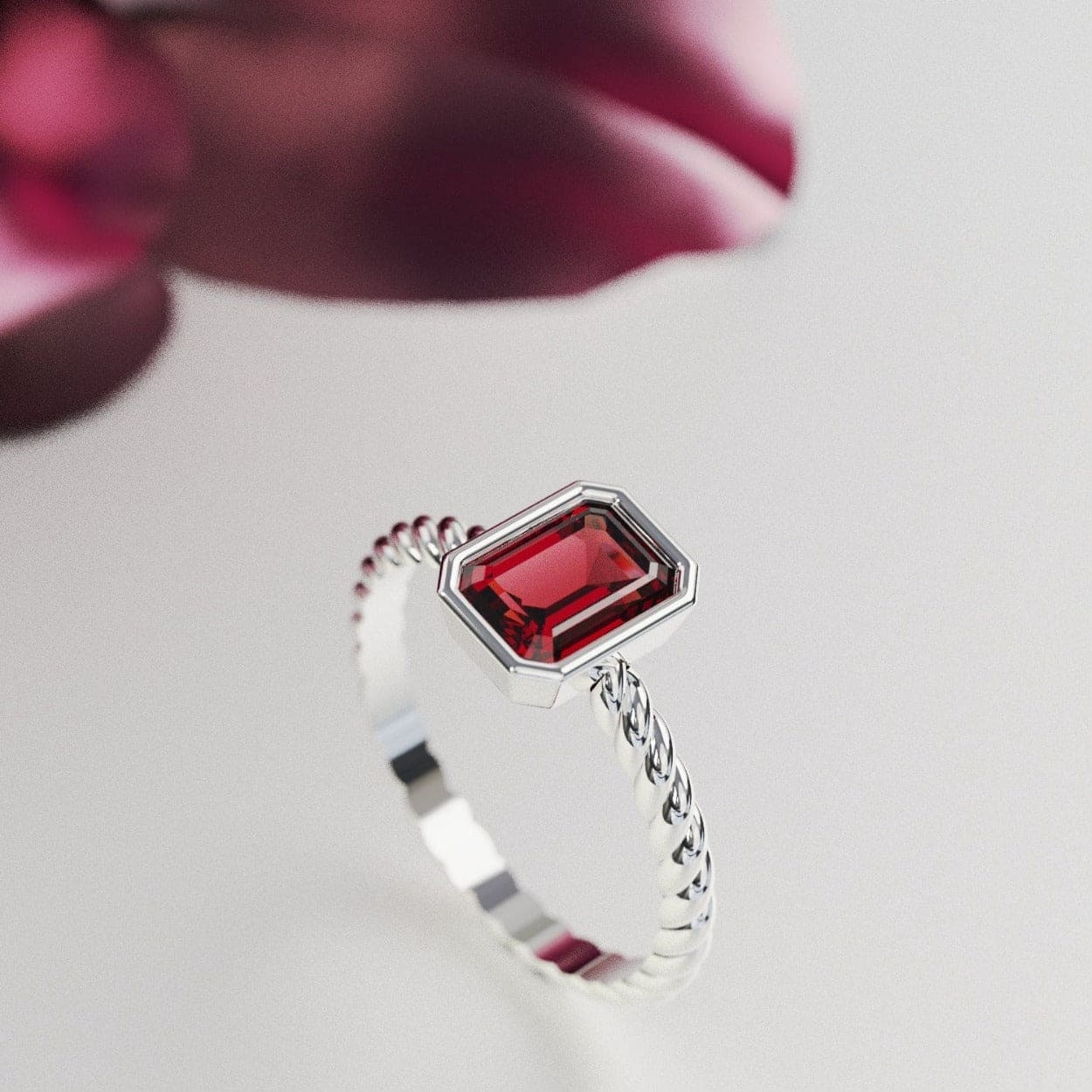 Der Solitär: Granatring im Smaragdschliff – S925 Sterling Silber
