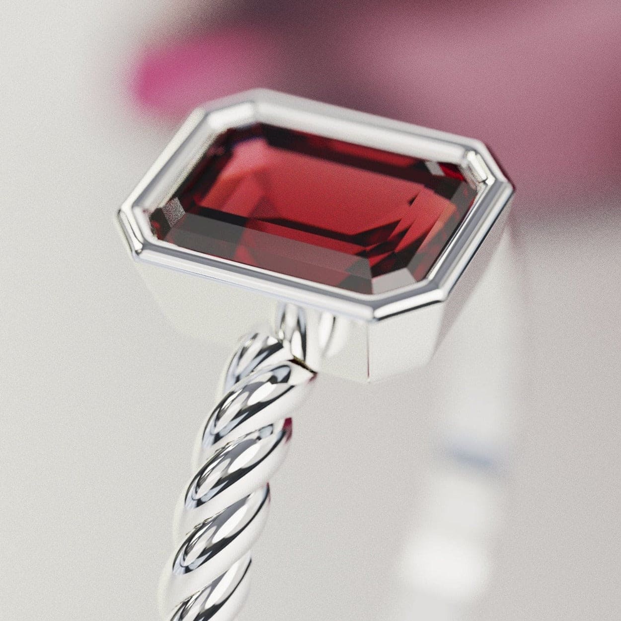 Der Solitär: Granatring im Smaragdschliff – S925 Sterling Silber