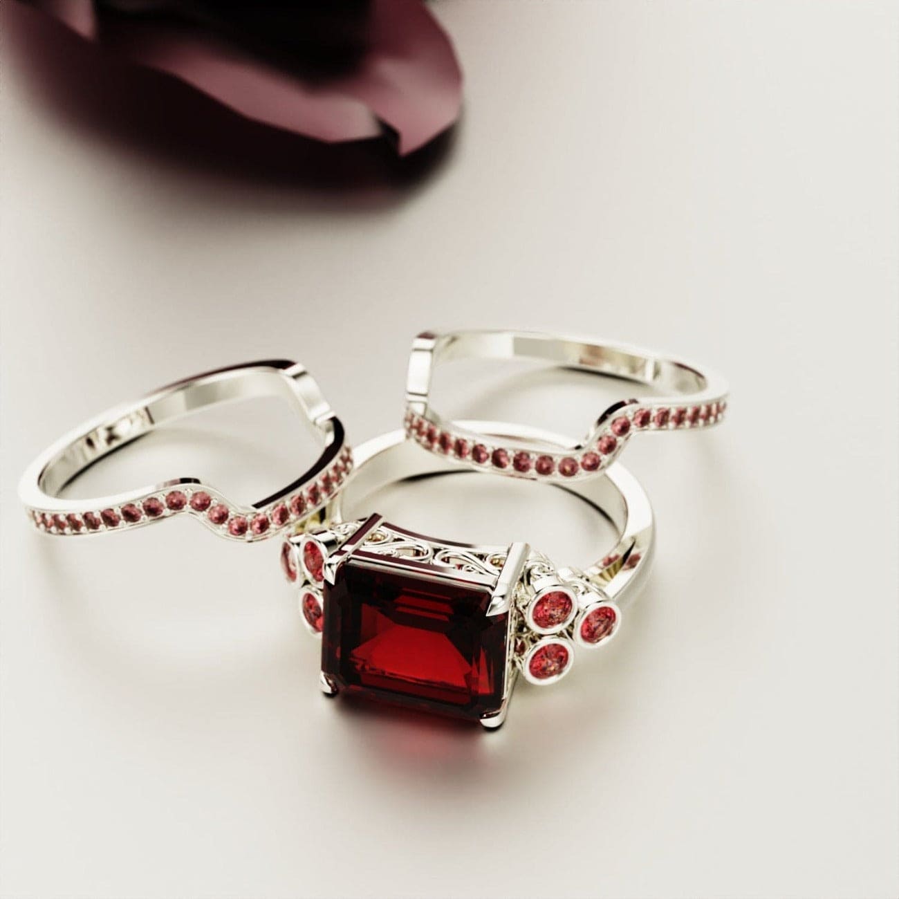 Crimson Love: Smaragdschliff-Granat-Ring-Set – S925 Sterling Silber
