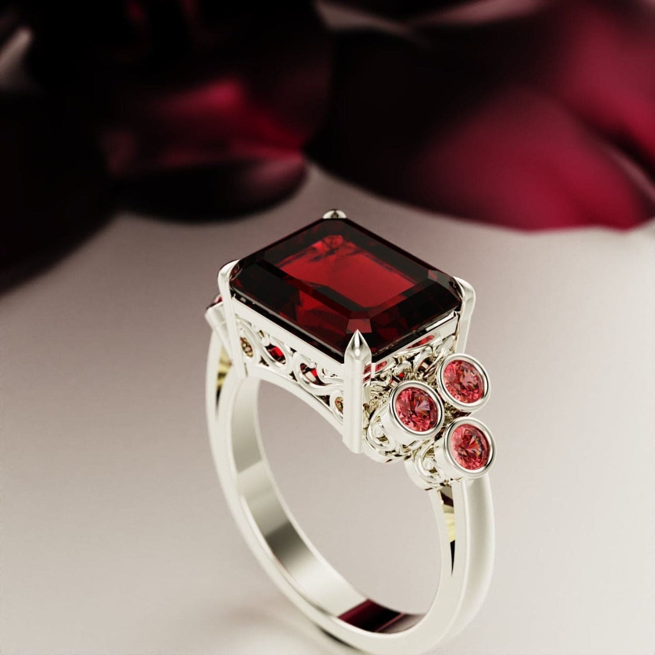 Crimson Love: Smaragdschliff-Granat-Ring-Set – S925 Sterling Silber