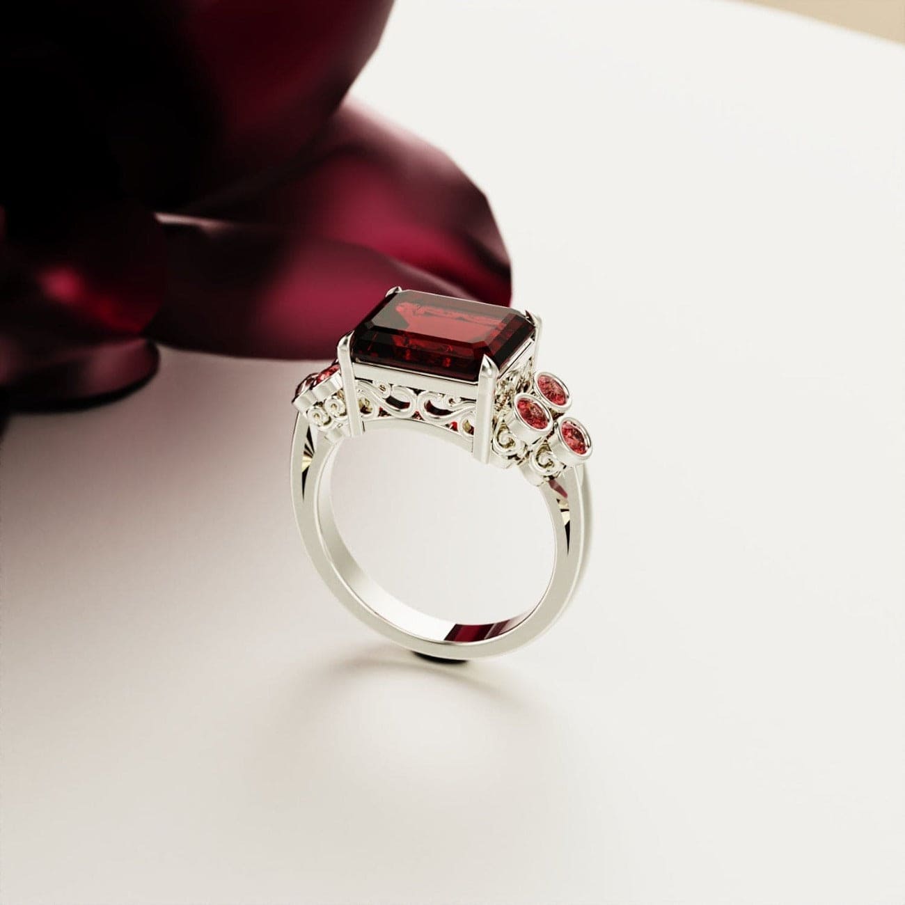 Crimson Love: Smaragdschliff-Granat-Ring-Set – S925 Sterling Silber
