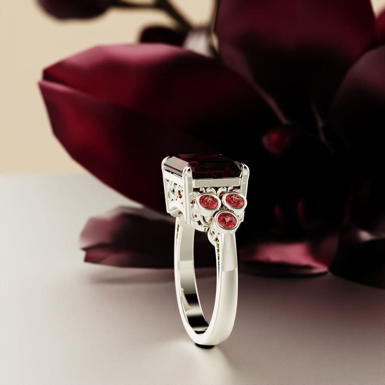 Crimson Love: Smaragdschliff-Granat-Ring-Set – S925 Sterling Silber