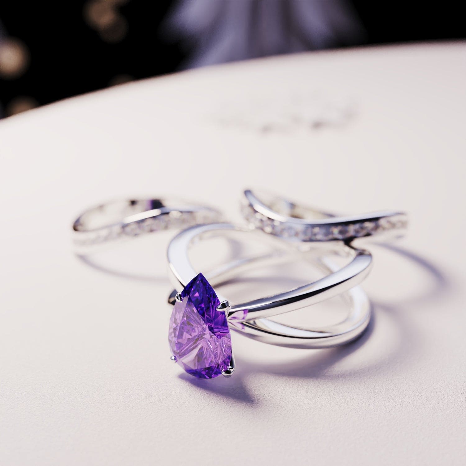 Die Braut: Dreifacher 3-in-1-Set Amethystring - S925 Sterling Silber