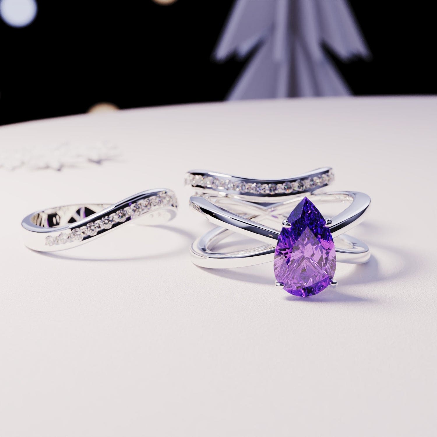 Die Braut: Dreifacher 3-in-1-Set Amethystring - S925 Sterling Silber