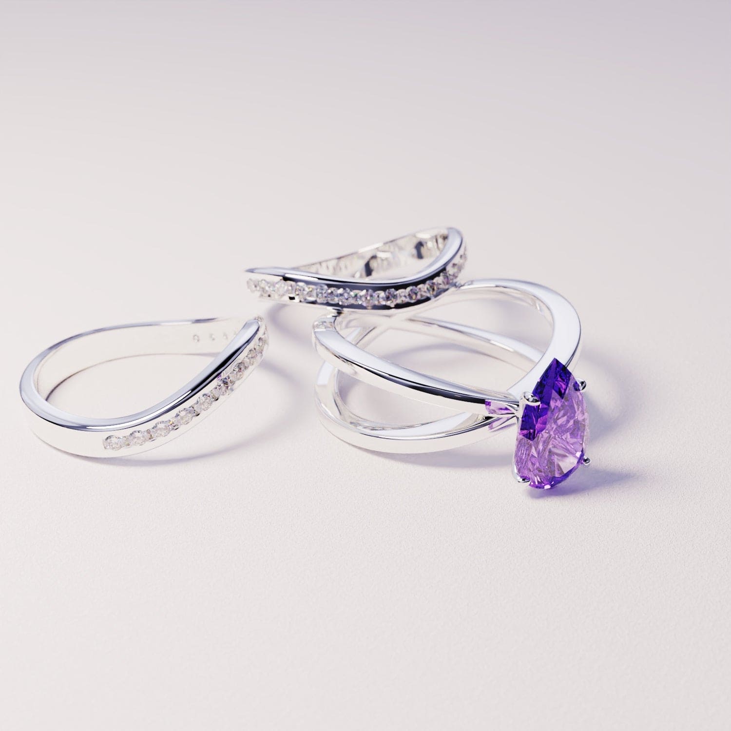Die Braut: Dreifacher 3-in-1-Set Amethystring - S925 Sterling Silber
