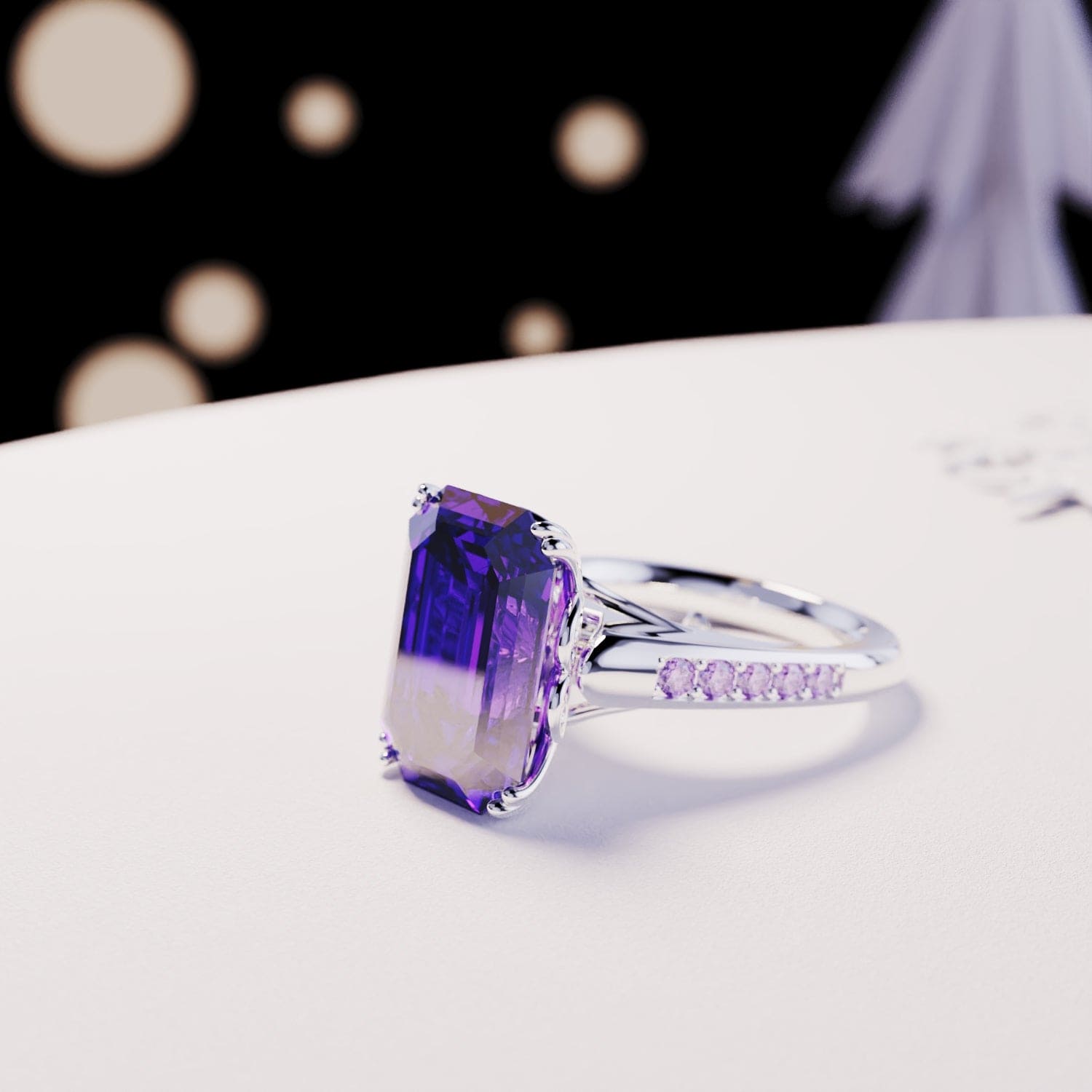 Violet Dream: Emerald-Cut Sculpted Ring - S925 Sterling Silver