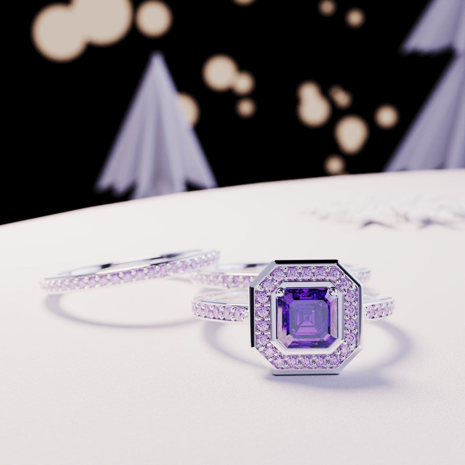 Devotion: Emerald-Cut Amethyst 3in1 Ring Set - S925 Sterling Silver