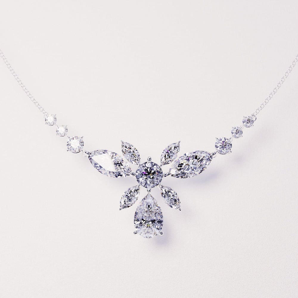 Bloesem: Bloemige briljantgeslepen diamanten ketting - S925 sterling zilver