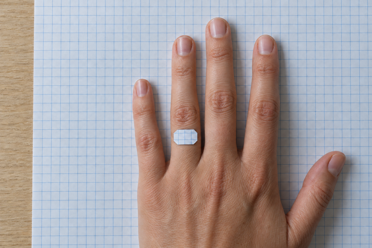A left hand rests flat on blue-grid graph paper, with a small paper cutout of an elongated, clipped-corner stone outline laid sideways across the ring finger.