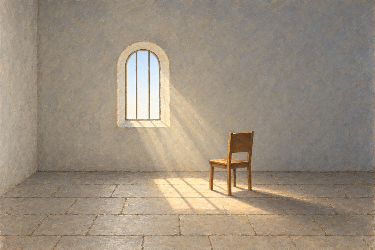 Illustration of afternoon light falling through a tall arched window across the stone floor of a quiet, plain chapel toward an empty wooden chair.