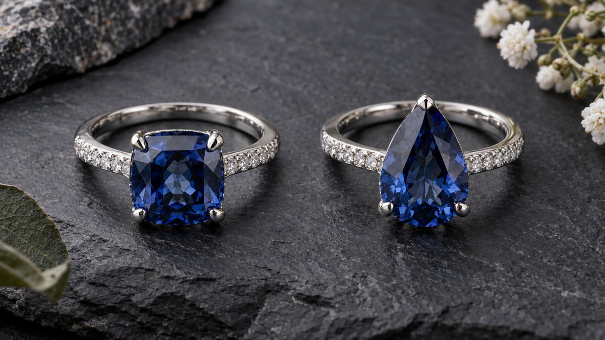 Illustrative silver-tone rings with blue stones on dark stone; not verified depictions of listed products or their materials.
