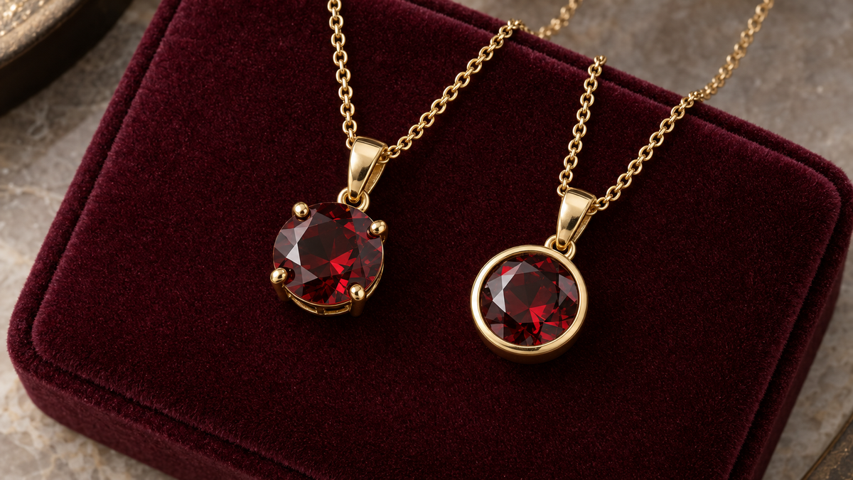 Illustrative comparison of two red stone gold-tone necklaces on burgundy velvet, demonstrating different pendant settings. Not a verified depiction of specific Awareness Avenue products or actual garnet materials.