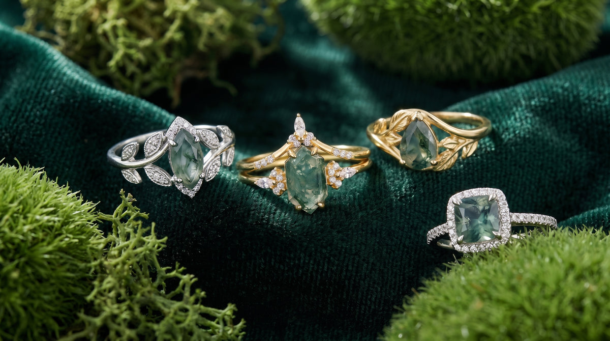 moss agate engagement ring gold editorial image