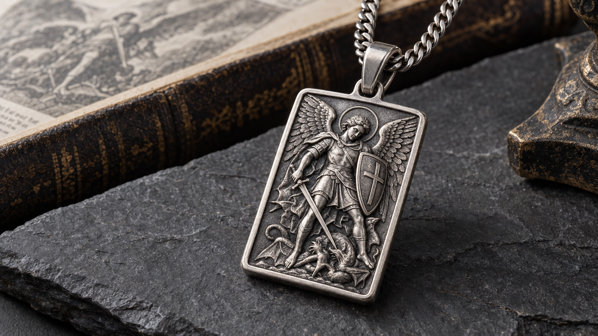 Illustrative silver-tone pendant depicting a winged warrior over a dragon; not a verified depiction of listed products or their materials.