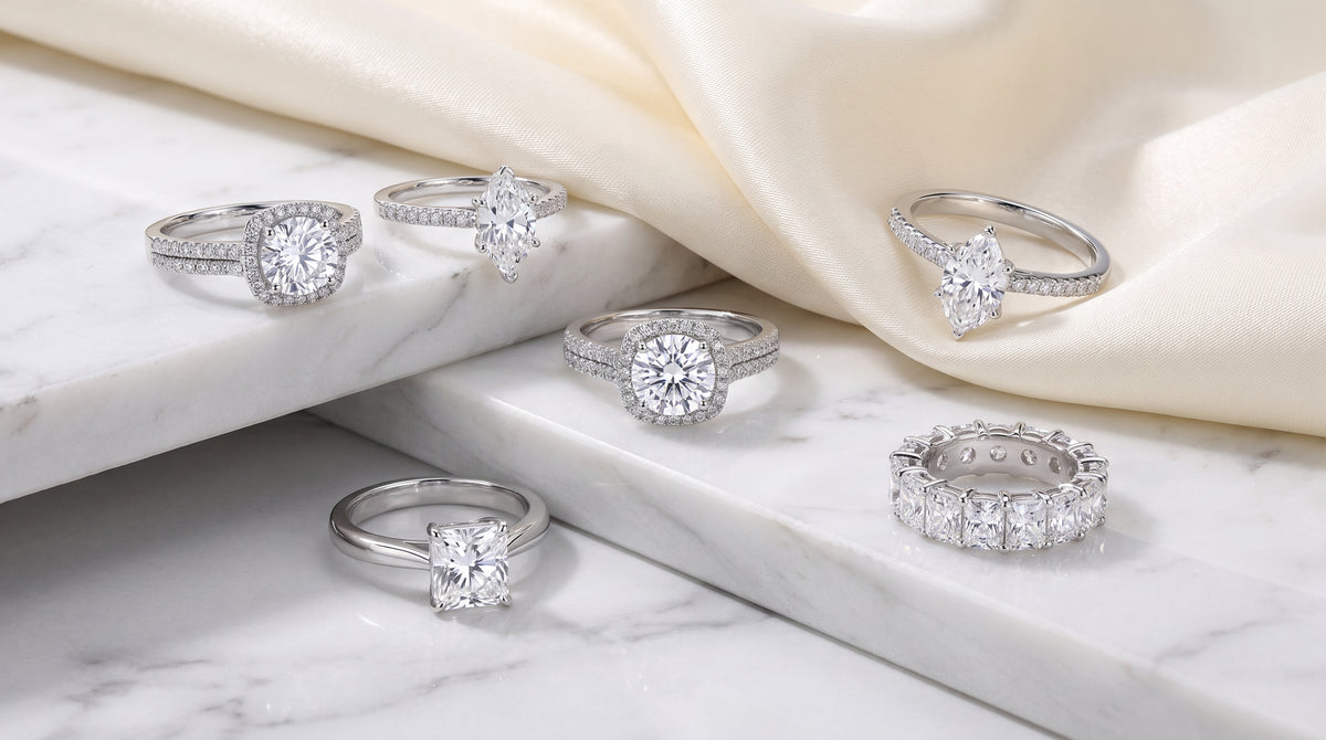 sterling silver moissanite ring set editorial image