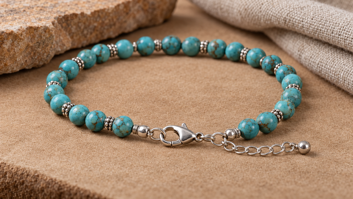 Illustrative silver-tone beaded bracelet with blue-green stones on sandstone; not a verified depiction of listed products, turquoise, materials or dimensions.